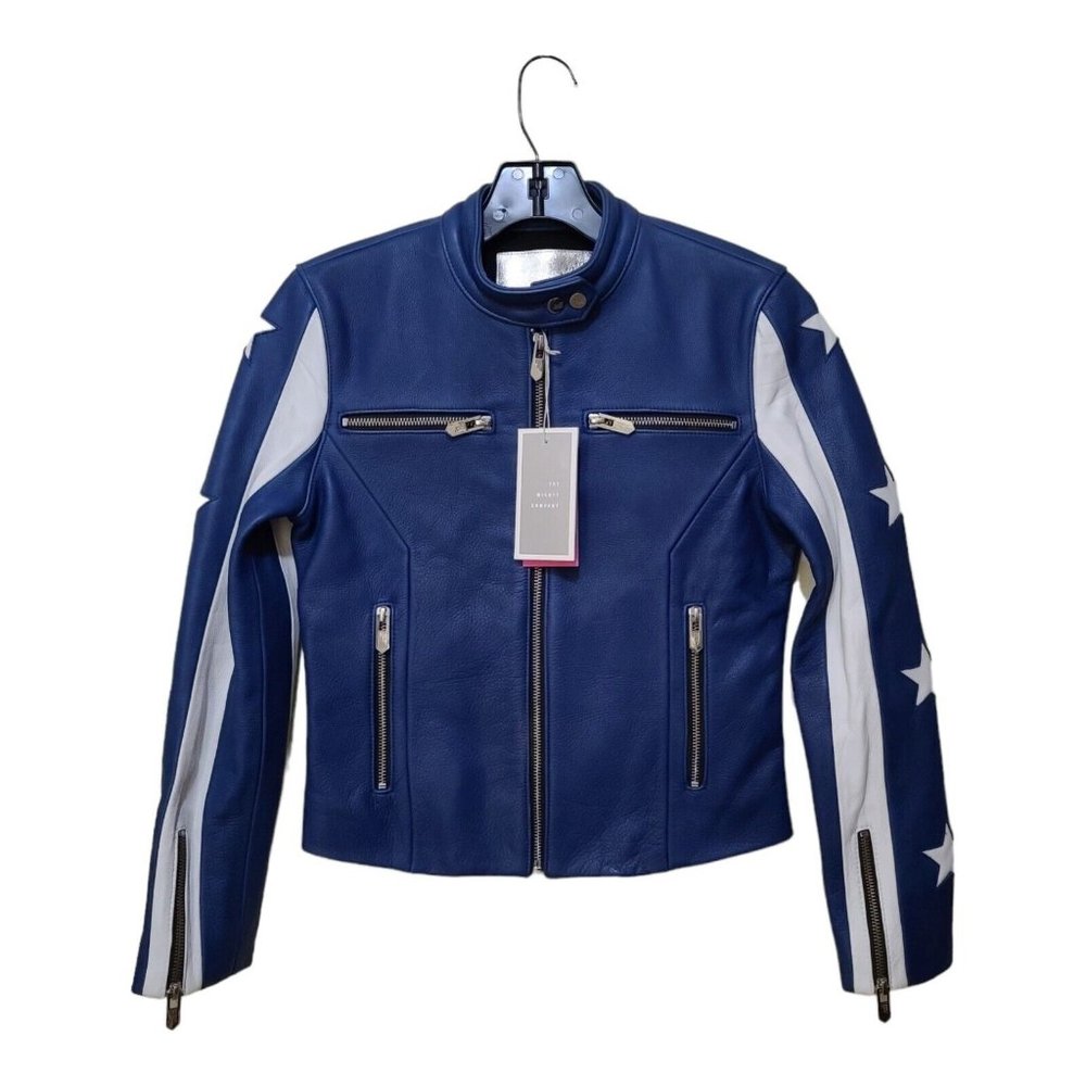 NWT The Mighty Company San Leo Racer Leather Jacket Blue & White Stars Womens XS